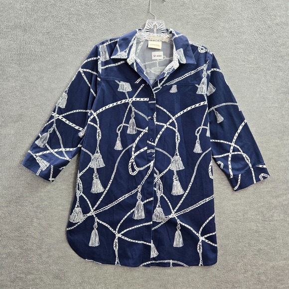 Chico's Women Top 0 Blue Nautical Tassels Tunic Button Up No Iron 3/4 Sleeve - Picture 1 of 10